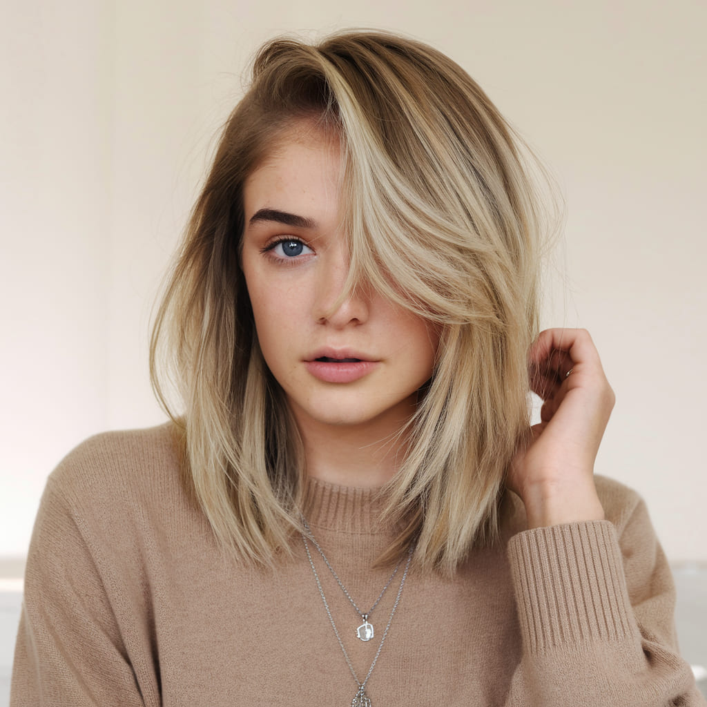 Tousled Carefree Lob with a Deep Side Part