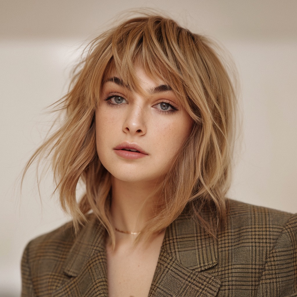 Caramel Blonde with Layered Bangs