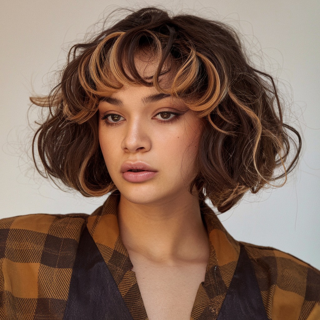 Caramel and Dark Chocolate Highlights on a Curly Bob