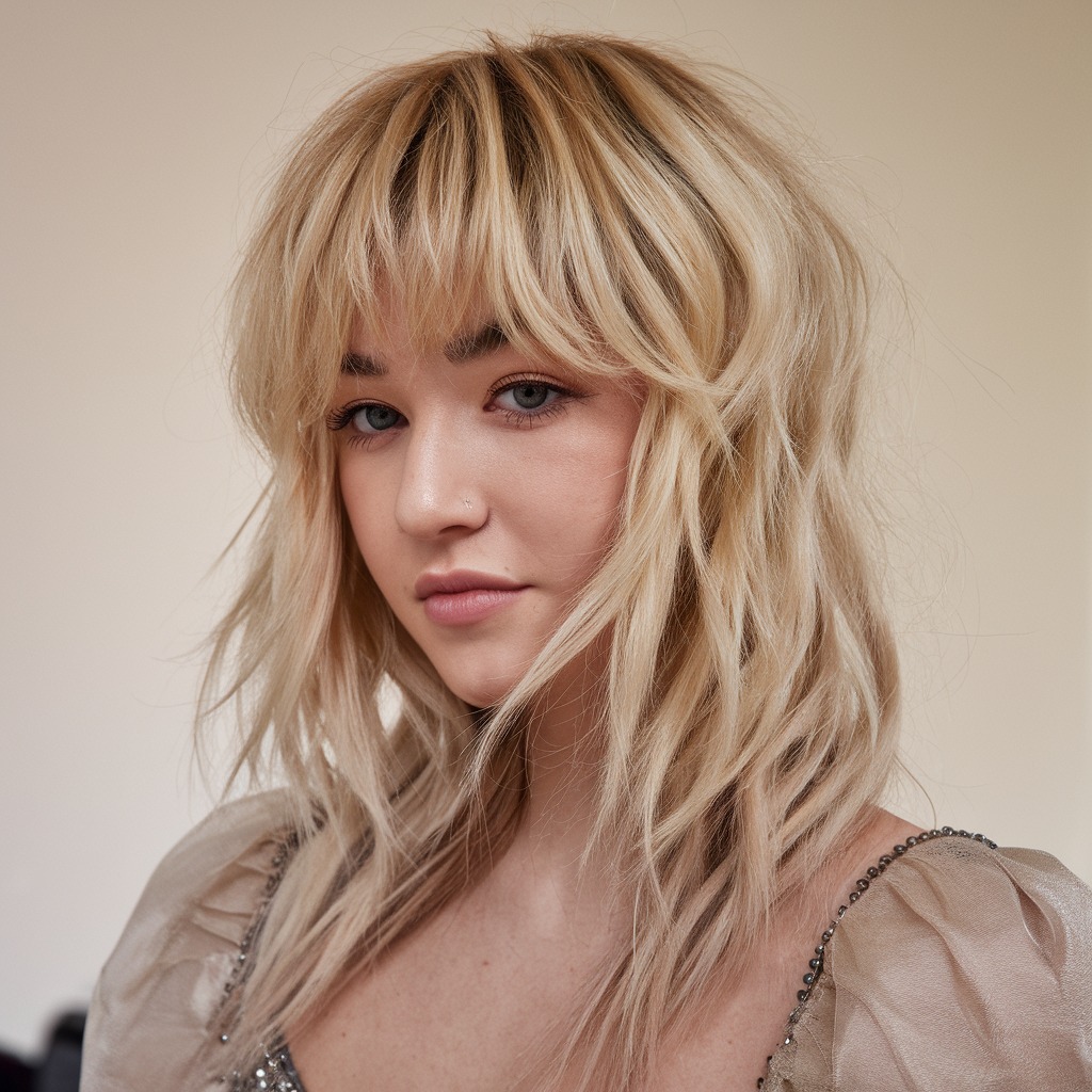 Champagne Blonde Wolf Cut with Side Part Bangs