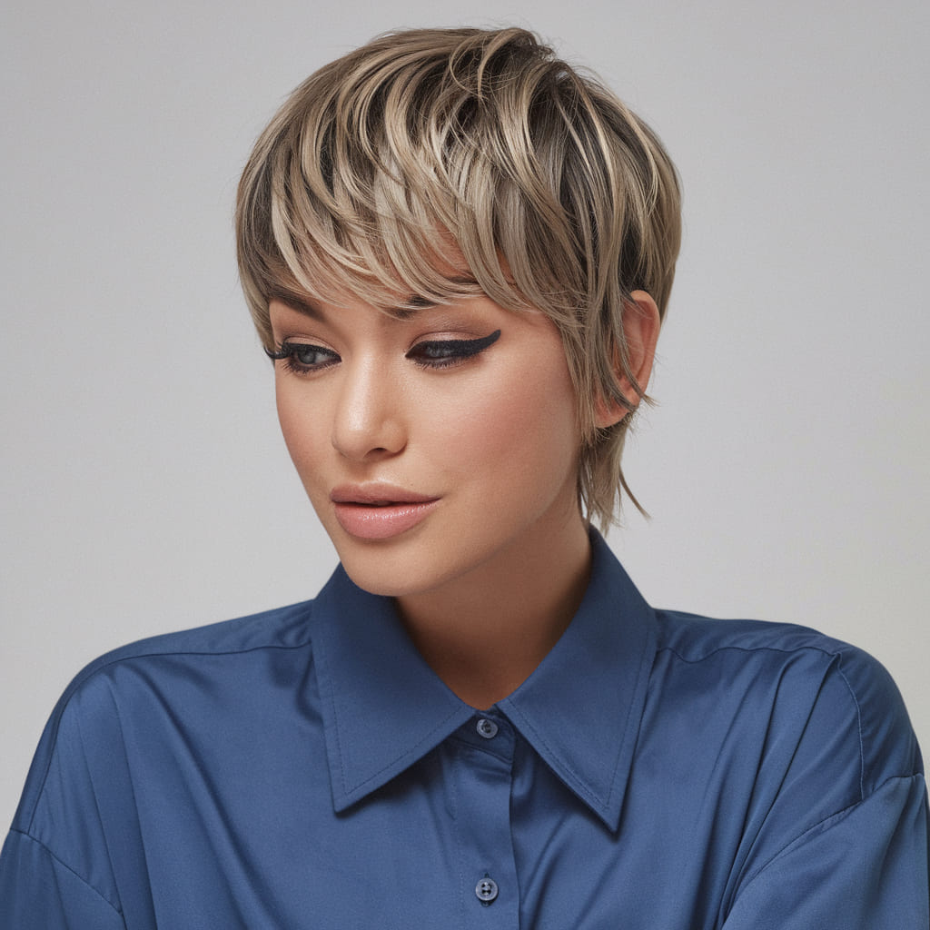 Chunky Ash Blonde Highlights on a Sleek Pixie