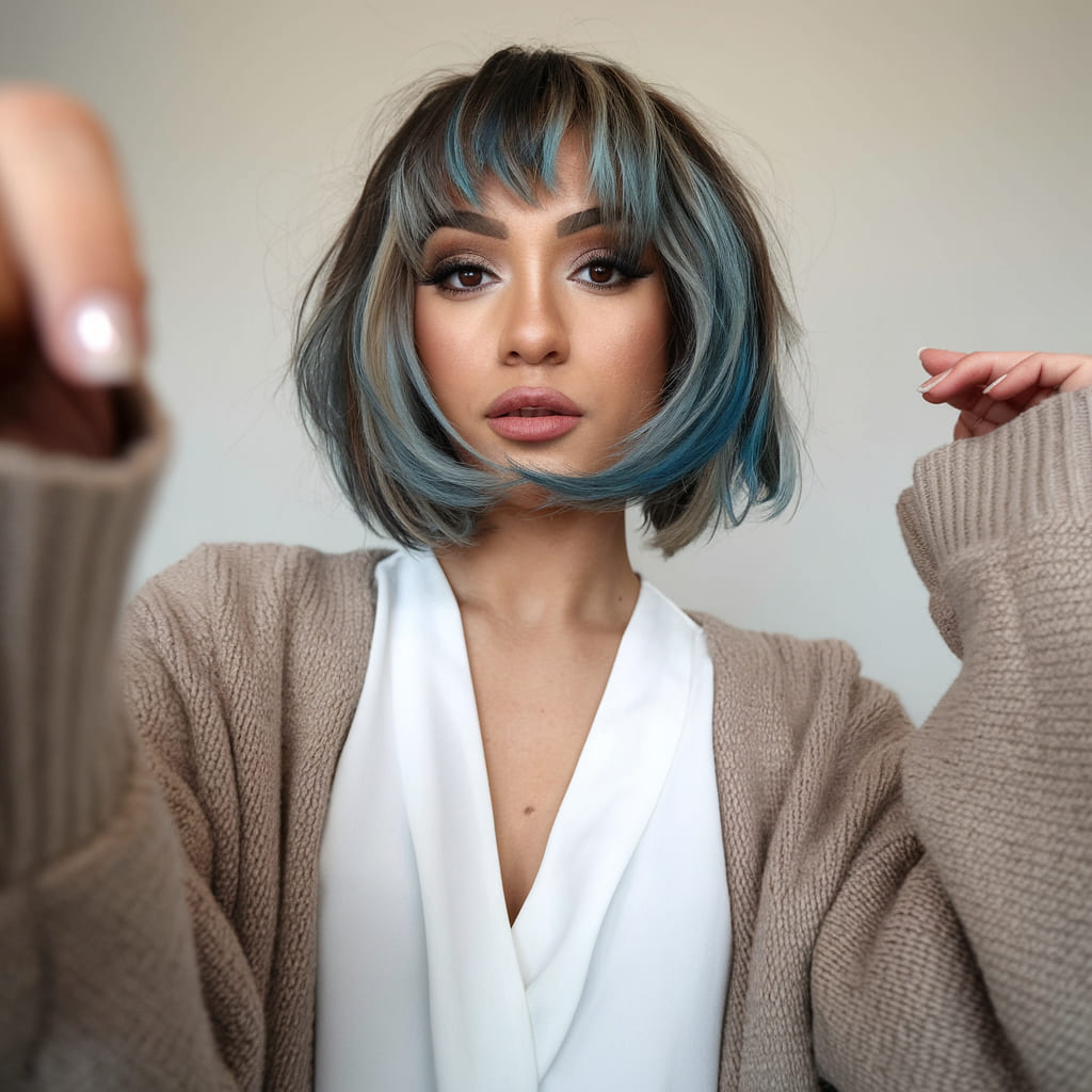 Chunky Blue Highlights on a Short Bob