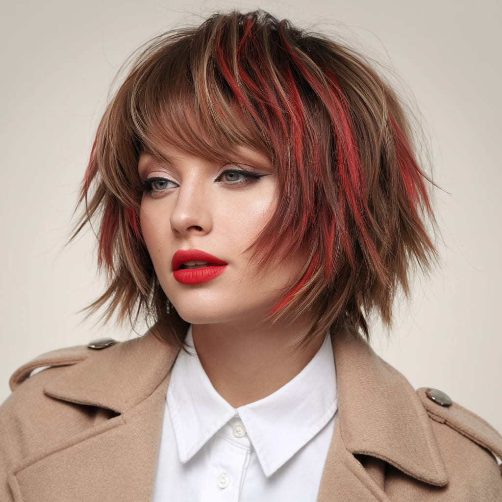 Chunky Red Highlights on a Textured Bob