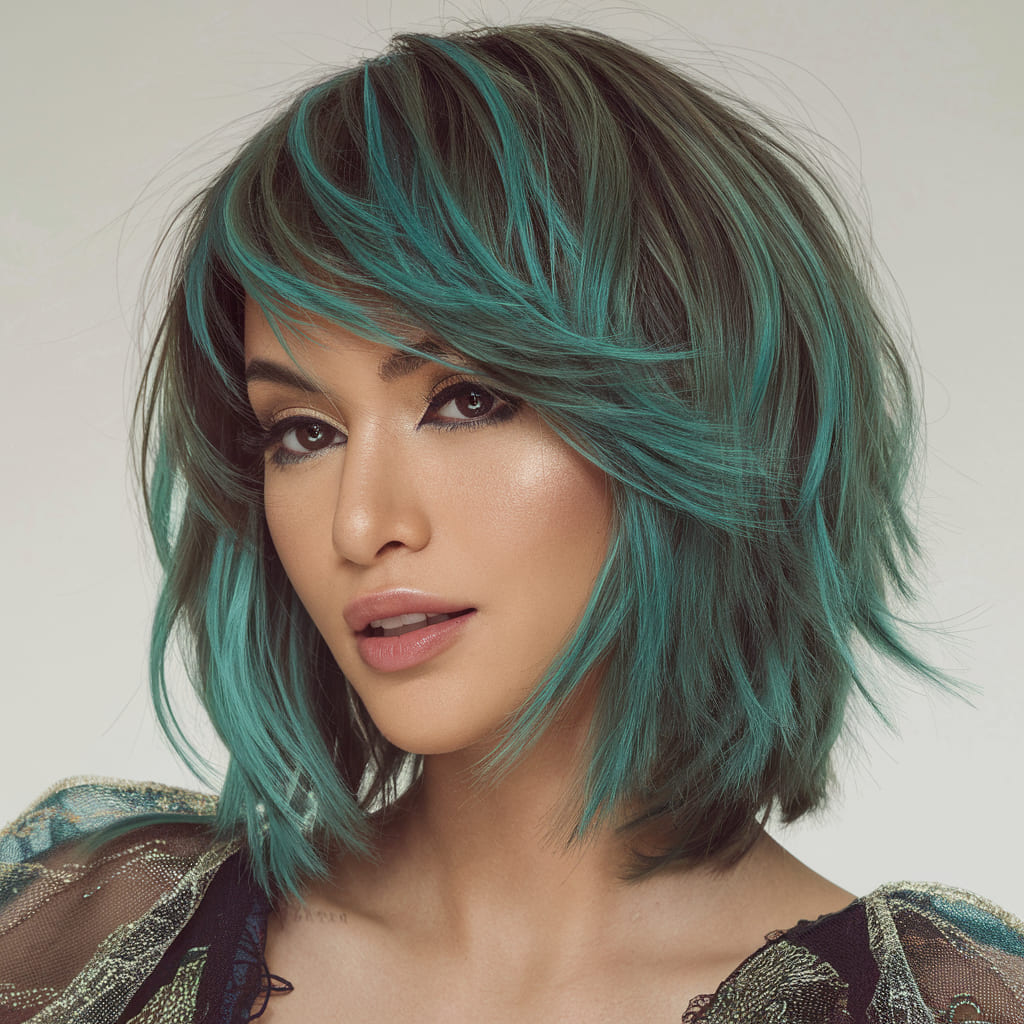 Chunky Teal Highlights on a Layered Bob