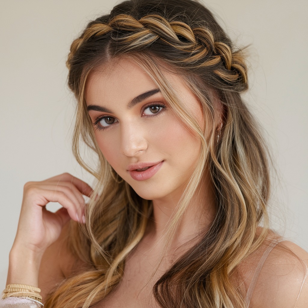 Half-Up Braided Crown with Golden Highlights