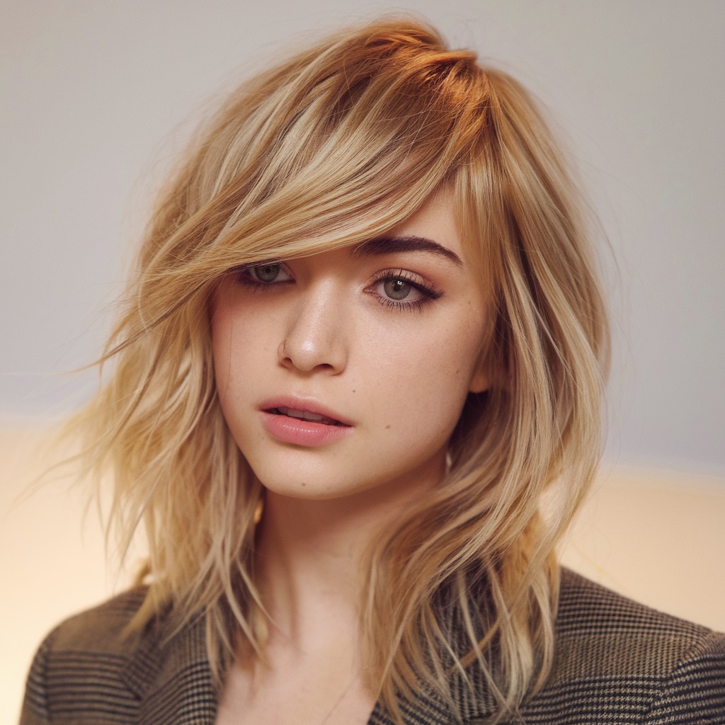 Honey Blonde Wolf Cut with Side-Swept Bangs