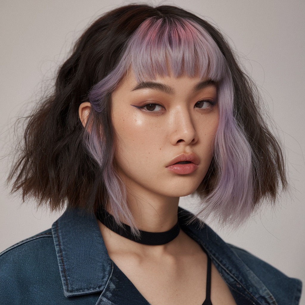 Lavender Highlights on an Asymmetrical Bob