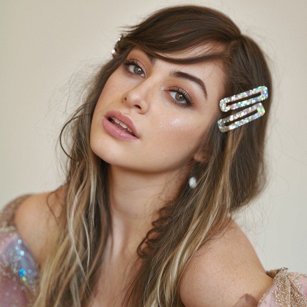 Long Hair with a Side-Swept Bang and Glitter Clips