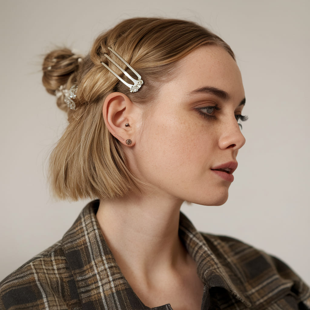 Messy Small Bun For Short Hair with Hair Accessories