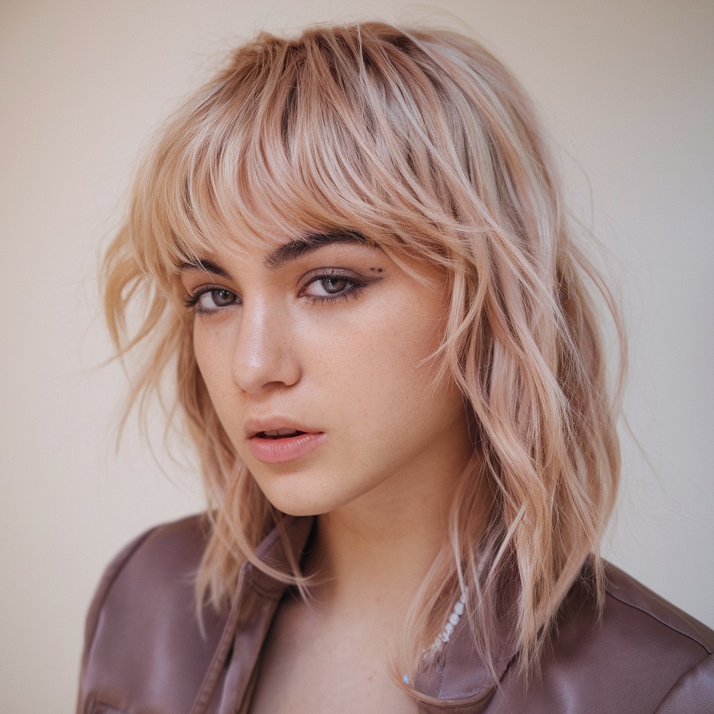 Rose Gold Blonde with Wispy Bangs