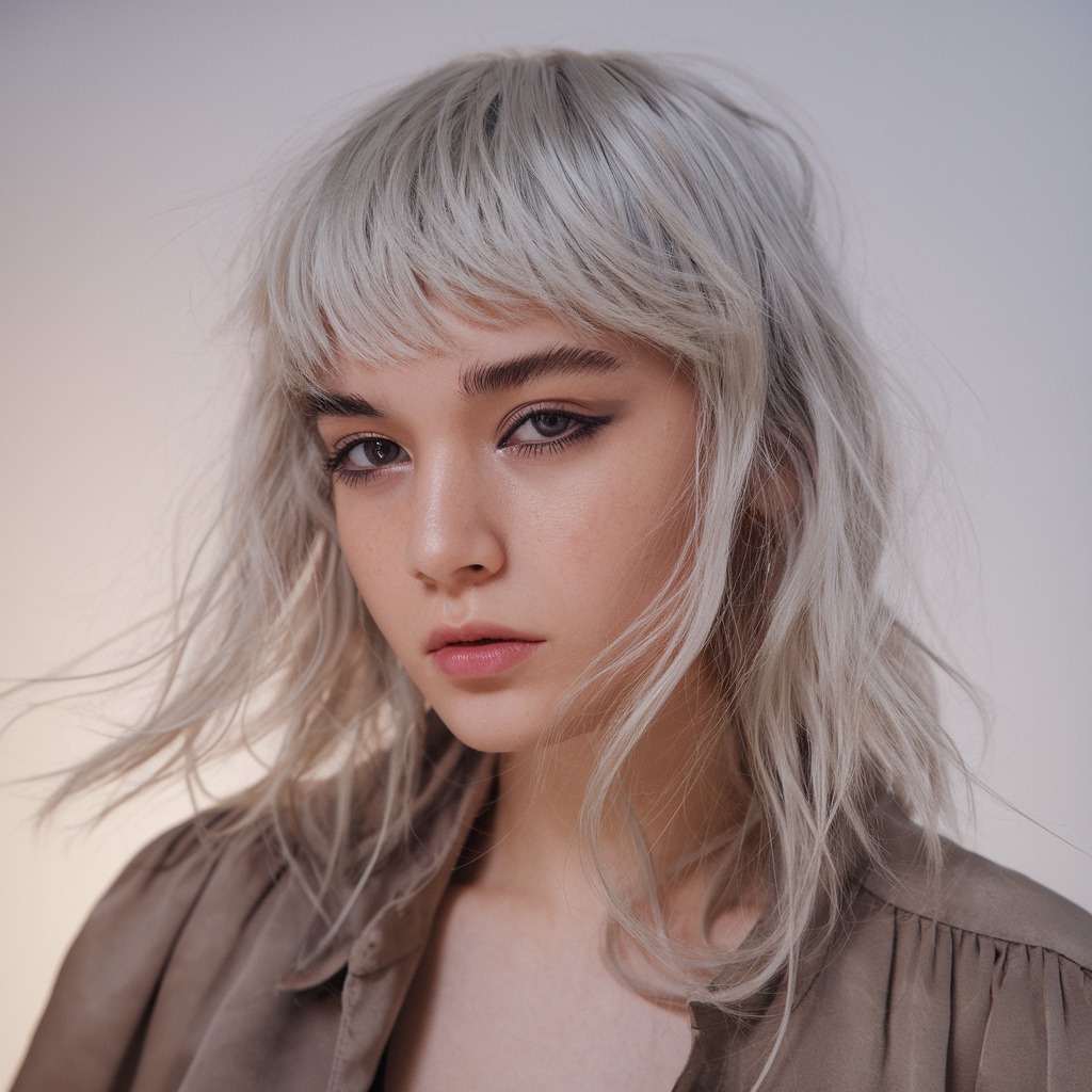 Silver Blonde Wolf Cut with Wispy Curtain Bangs