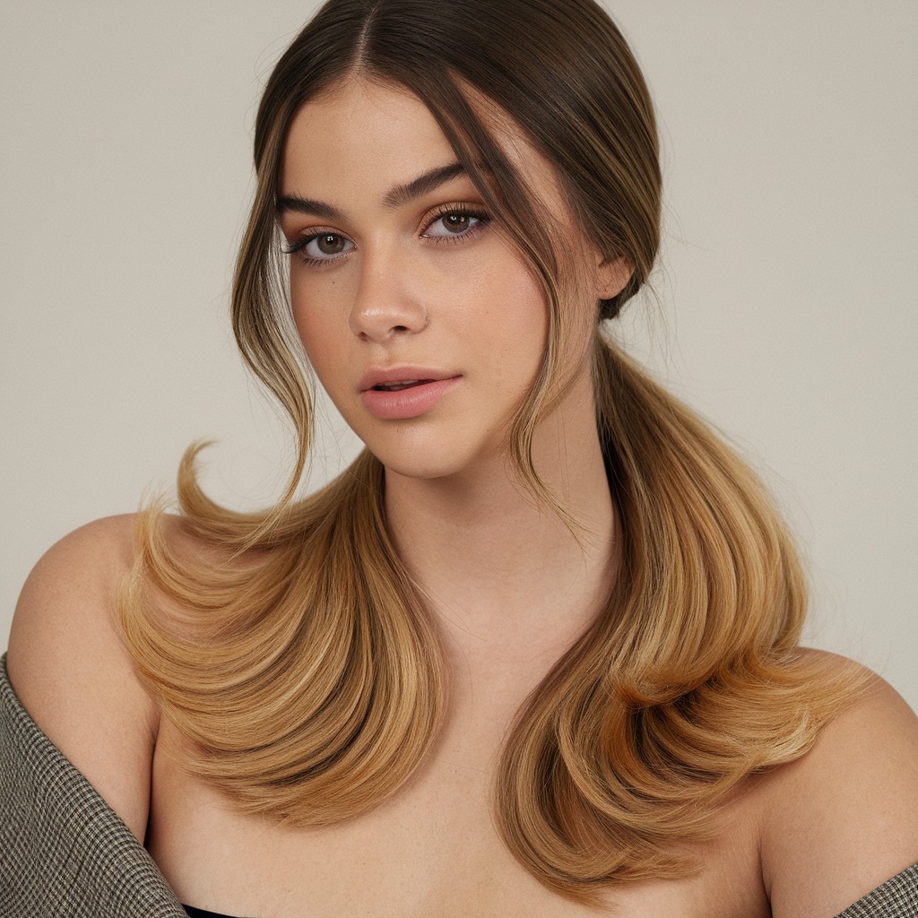 Sleek Low Ponytail with Soft Golden Balayage