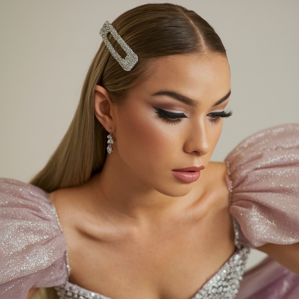 Sleek Straight Hair with a Sparkly Barrette