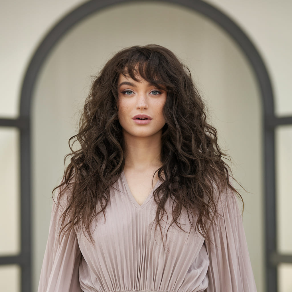 Soft Curly Layers with Curtain Bangs