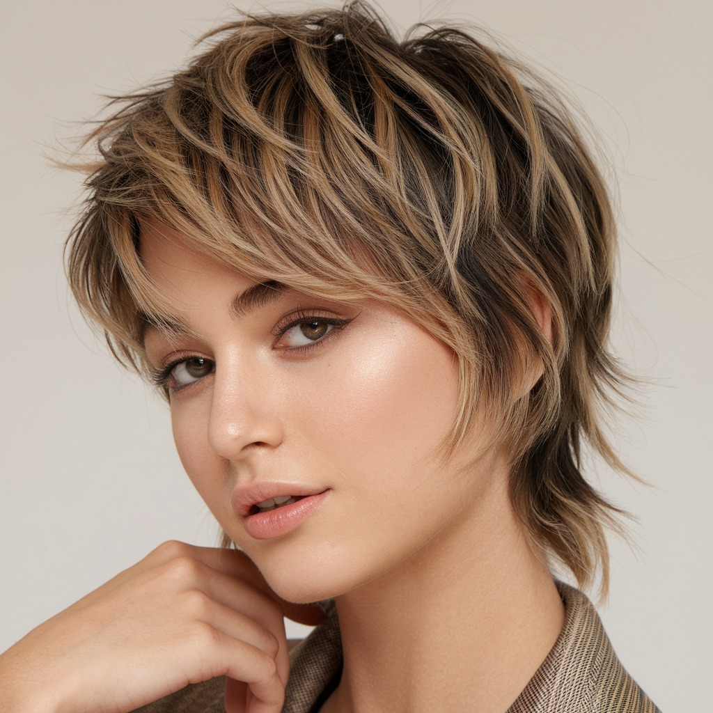 Tousled Pixie with Light Brunette Highlights