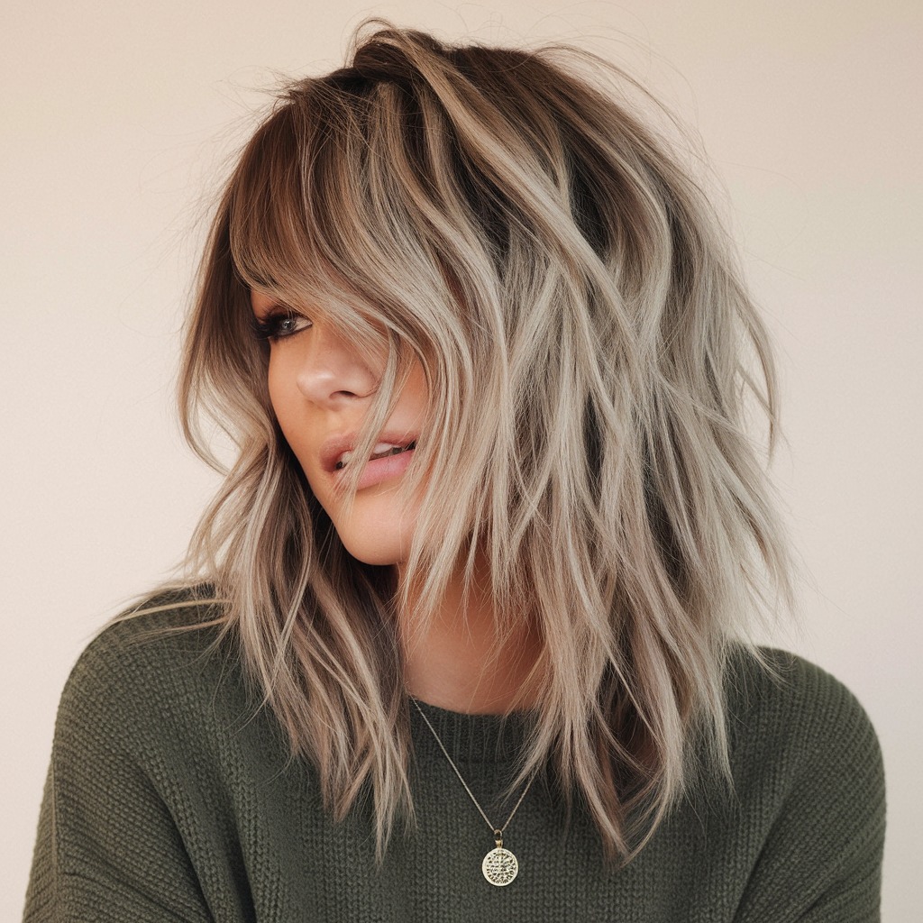 Tousled Wolf Cut with Side-Swept Bangs