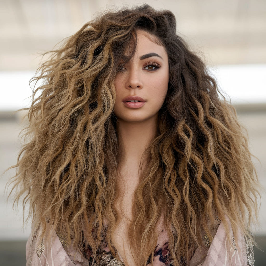 Voluminous Curly Layers with Side Part