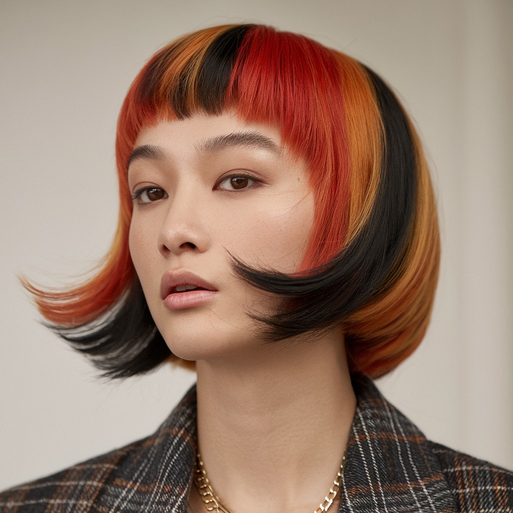 Angled Bob with Fiery Red and Black Patches