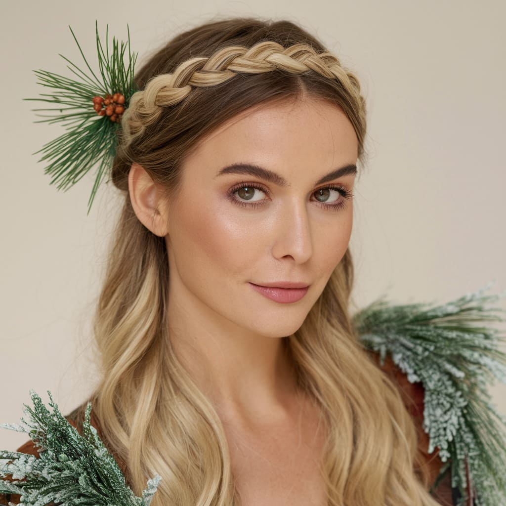 Braided Crown with Pine Sprig Accent