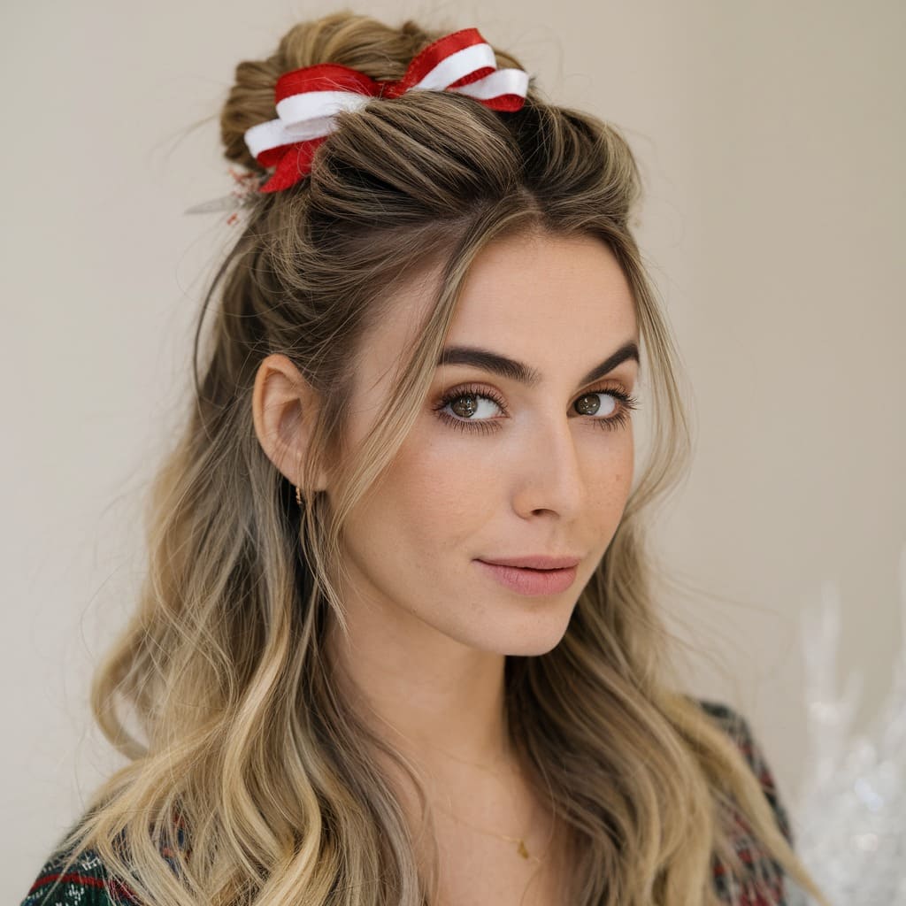 Half-Up Bun with Red and White Bow