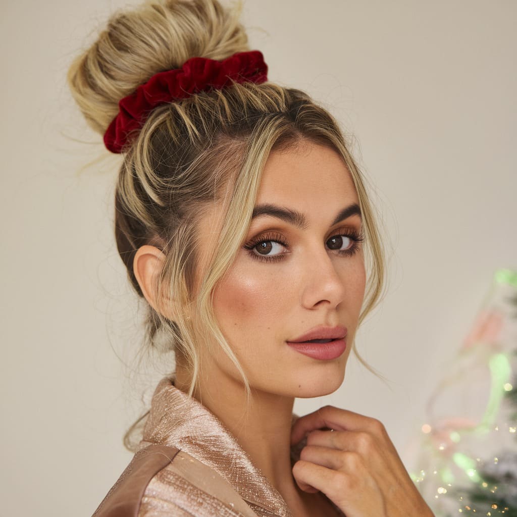 High Bun with Red Velvet Scrunchie