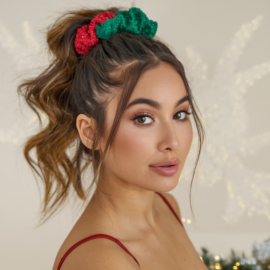 High Ponytail with Green and Red Scrunchie