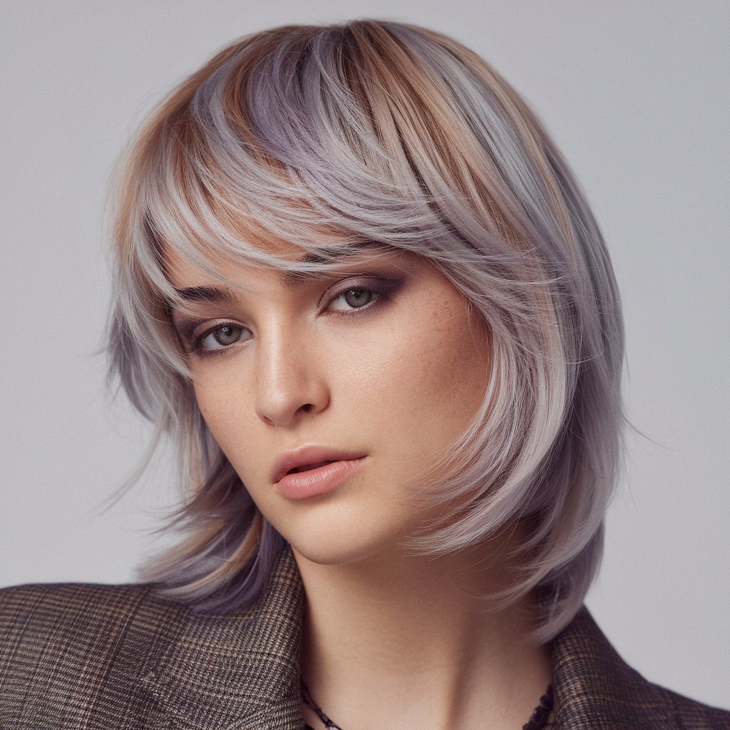 Layered Bob with Smoky Violet and Silver Calico Tones