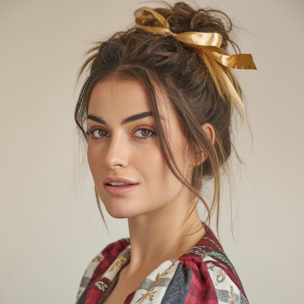 Messy Bun with Gold Ribbon Tie