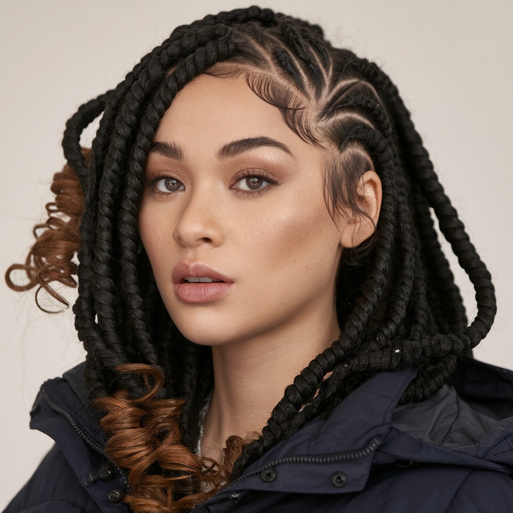 Side-Swept Cornrows with Curly Ends