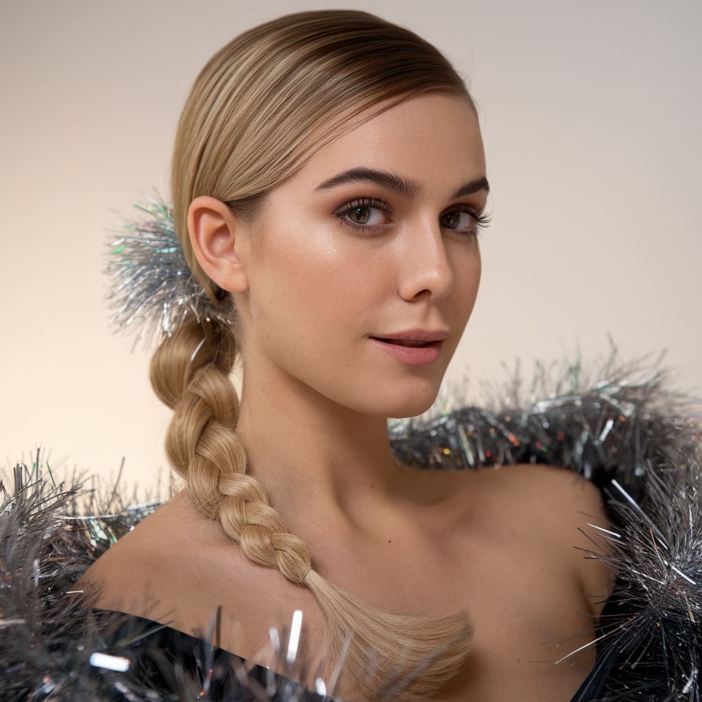 Sleek Low Ponytail with Tinsel Strands