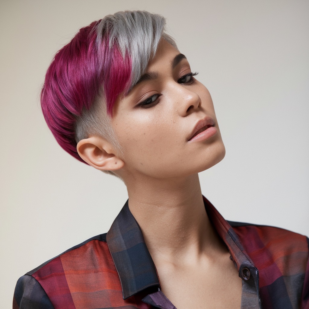 Sleek Side-Shaved Pixie with Magenta and Gray