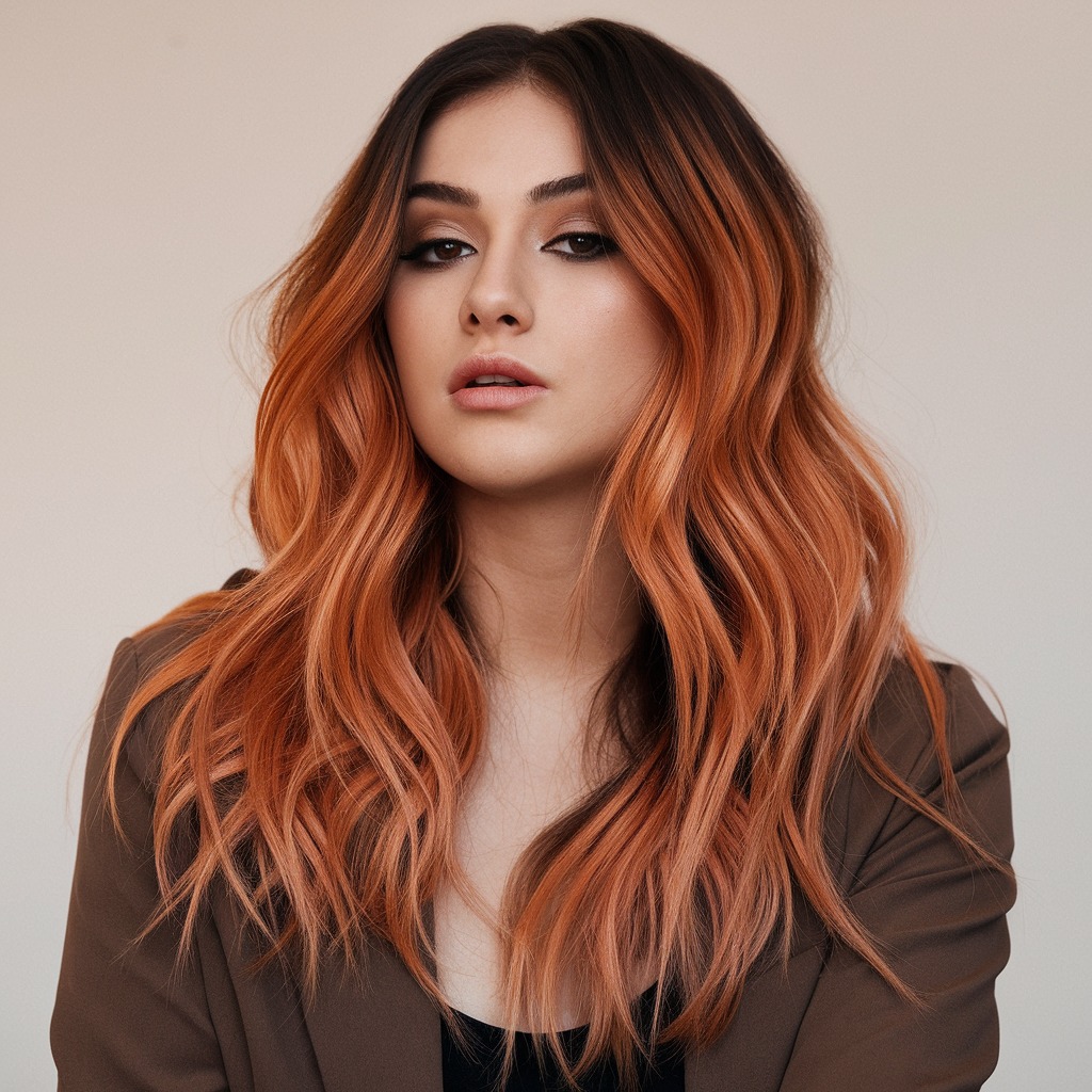 Sunlit Copper Ombre on Wavy Hair