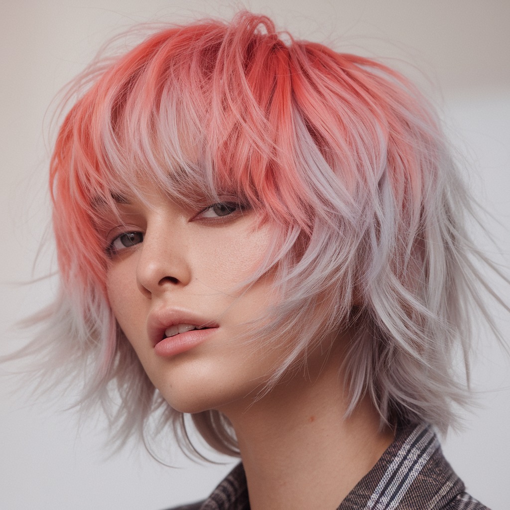 Tousled Bob with Coral and Pastel Lavender Streaks